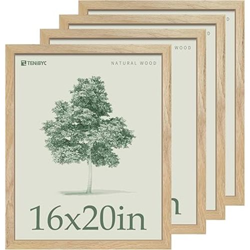 16x20 Frames 4 Pack - Natural Solid Wood Picture Frame - Woodgrain Series - Room, Office, Gallery, Studio Display - Wall Hanging