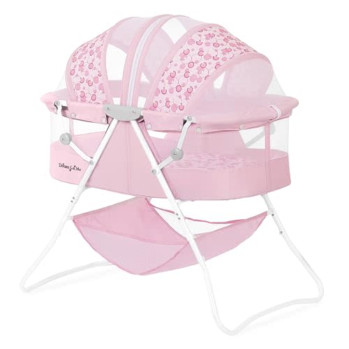Dream On Me Karley Bassinet in Pink, Lightweight Portable Baby Bassinet, Quick Fold and Easy to Carry, Adjustable Double Canopy, Indoor and Outdoor Bassinet with Large Storage Basket.