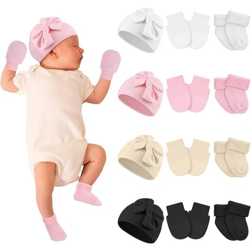 4 Pack Preemie Baby Hats Mittens and Socks Set Premature Newborn Baby Girl Cotton Bow Knot Caps for Nicu Girl Boy