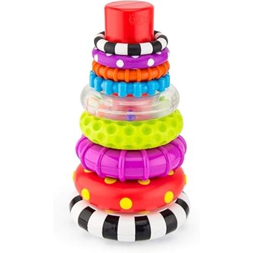 Sassy Stacks of Circles - Stacking Ring STEM Developmental Learning Toy - High Contrast Multicolored 9 Piece Set - For Ages 6+ Months