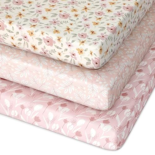 Pack and Play Sheets Fitted 3 Pack, Mini Crib Sheets for Pack N Play Mattress Stretchy Portable Playard Sheets, Soft Breathable Pink Flowers & Leaf