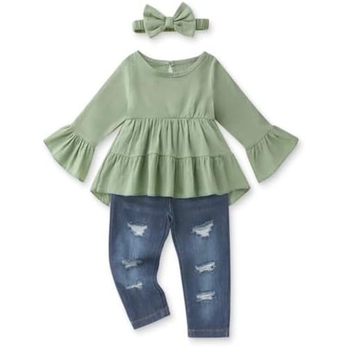 Toddler Girl Clothes Long Sleeve Ruffle Dress Top and Jeans Pants Toddler Girl Fall Outfits