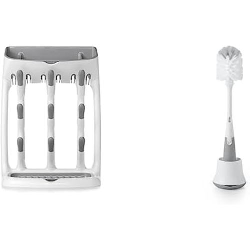 OXO Tot Space Saving Drying Rack & Tot Bottle Brush with Nipple Cleaner and Stand - Gray