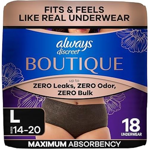 Always Discreet Boutique Incontinence and Postpartum Underwear for Women, Maximum Protection, Large, Black, 18 Count