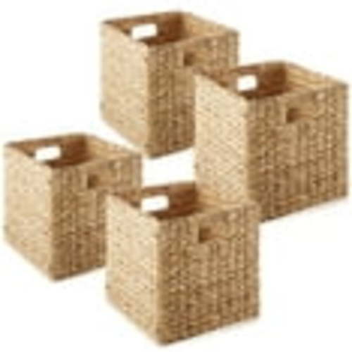 Casafield 10.5" x 10.5" Water Hyacinth Storage Baskets, Natural - Set of 4 Collapsible Cube Organizers, Woven Bins for Bathroom, Bedroom, Laundry, Pantry, Shelves