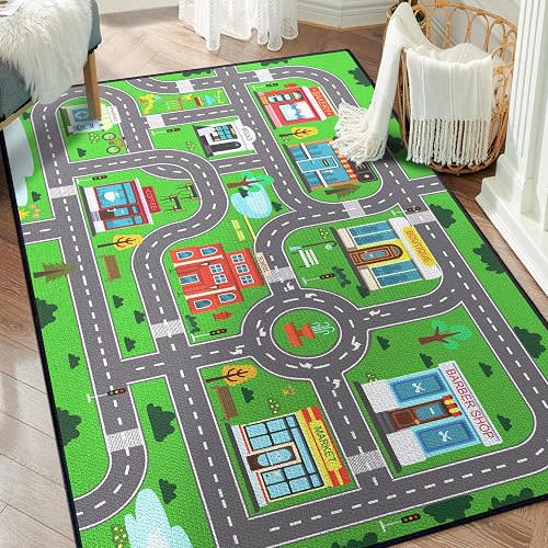 Play Mat for Playroom, 2x3 Fun Car Play Rug Town City Road Map Carpet for Bedroom, Car Playmat Area Rugs Non-Slip Washable