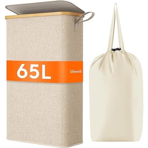 Lifewit 65L Slim Laundry Basket, Laundry Hamper with Lid, Narrow Laundry Bin with Removable Bag & Bamboo Handles, Foldable Thin Dirty Clothes Hamper for Laundry Centres Bathroom Bedroom Dorm, Beige