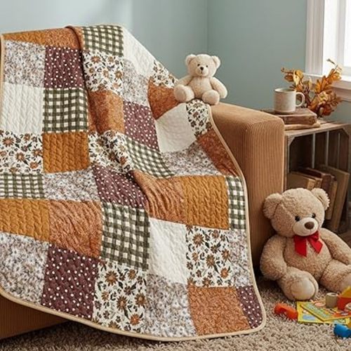 Chumia 30"x40" Daisy Theme Boho Baby Quilt Flower Quilted Blanket Vintage Retro Farmhouse Patchwork Chic Throw Quilt for Girls Toddler Nursery Newborn Infant Crib Bedding