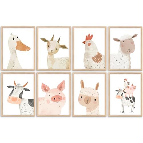 Farm Animals Nursery Wall Art Baby Room Canvas Wall Decor Cute Animals Prints Cow Pig Picture Sheep Duck Chicken Poster Painting Artwork for Girls Boys Kids Room Playroom Farmhouse 8x10x8 In Unframed
