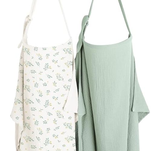 Konssy 2-Pack Muslin Nursing Cover Up for Breastfeeding Moms with Rigid Hoop, 100% Cotton, Lightweight & Breathable Breastfeeding Cover, Adjustable & Comfort