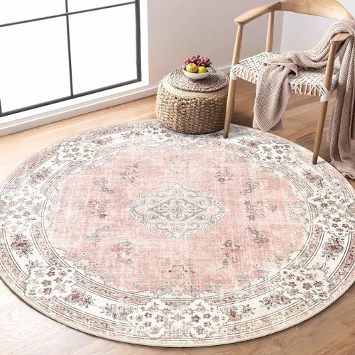 MUJOO Pink Round Rug 4ft, Circle Washable Area Rug