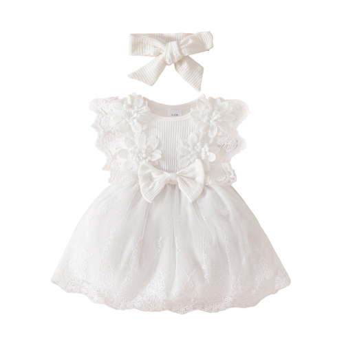 Byoo Girls Lace Floral Tulle Dress with Bow Headband Solid Knit Formal Baptism Outfit