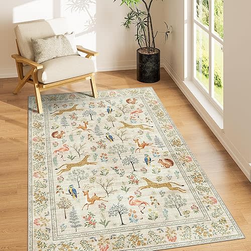 3x5 Rug, Washable Animal Area Rug with Non Slip Vintage Design, Indoor Soft Low Pile Carpet for Bedroom, Nursery, Dining Room, Farmhouse, Playroom, White