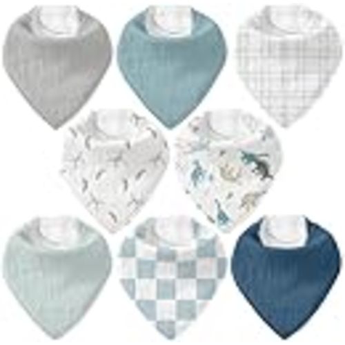 8 Pack Muslin Baby Bandana Bibs for Drooling and Teething | Absorbent Cotton Drool Bib for Baby Boy Girl, Easy Adjustable Bibs for Newborn Infants Toddlers, 0-36 Months, Blue Dinosaur