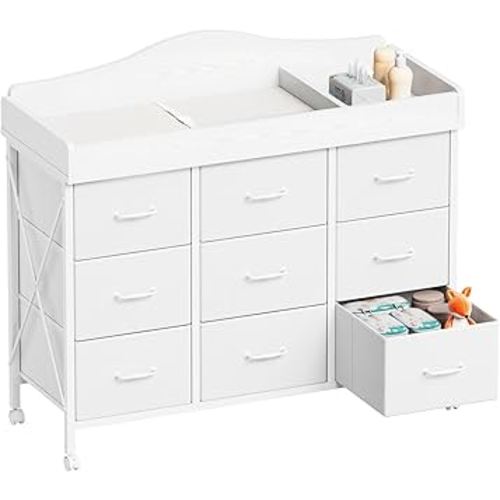 Baby Changing Table with 9 Fabric Drawers, Waterproof Diaper Changing Station & Pad, Mobile Nursery Diaper Changing Table, Baby Furniture, Bedroom, White
