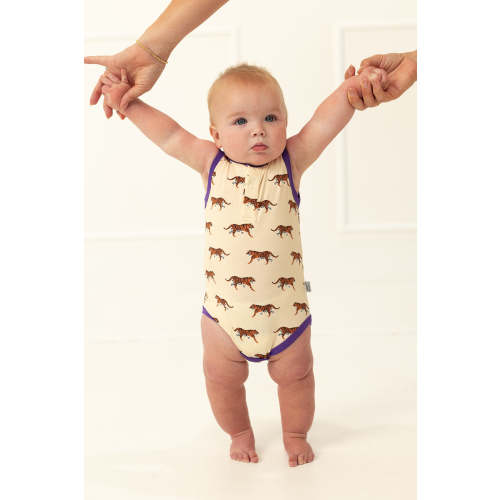 Purple Tiger Bamboo Henley Onesie with Snaps