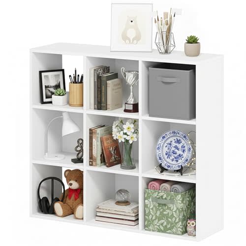 9-Cube Storage Organizer, White Bookshelf with Open Compartments for Home Office, Modern Bookcase Display Shelf for Living Room, Bedroom & Entryway