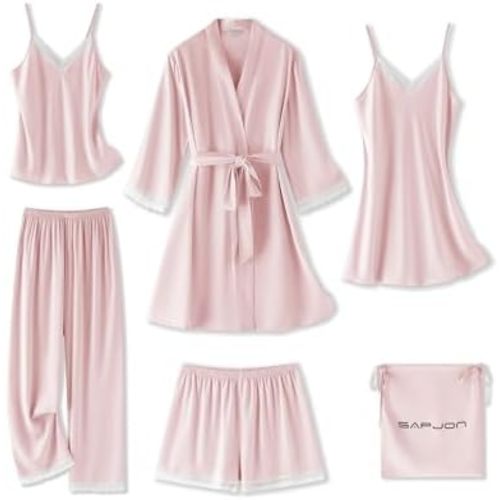 SAPJON Womens Silk Pajama Sets 6Pcs Sexy Satin Robe Sleepwear Set V Neck Lace Cami Shorts Nightgown Loungewear