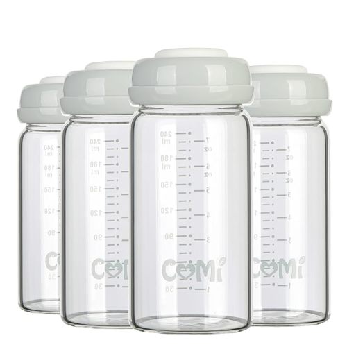 COMI Wide Neck Glass Breastmilk Collection n Storage Bottle, 8oz with Screw Ring Sealing Disk; Re-markable Sealing Disc. BPA Free, Fits Breast Pumps & Nipples (4 Gray Lids)