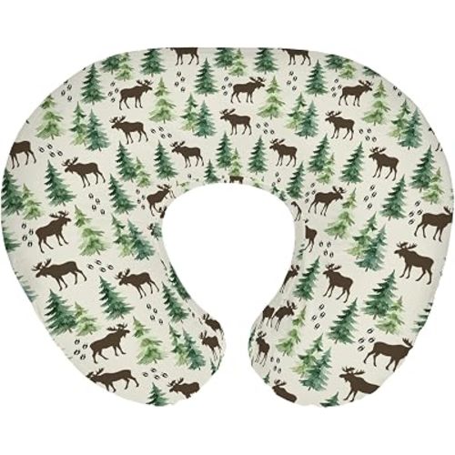 Moose Pine Trees Baby Nursing Pillow Covers for Boy Girl Moose Tracks Green Trees Nursery Pillowcase for Breastfeeding Pillows Wild Animals Soft Stretchy Slipcovers for Newborn Infant