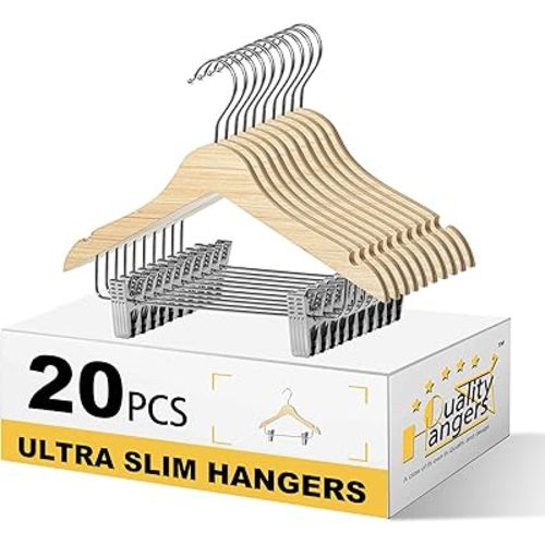 Quality 12-Inch Kids Wooden Pants & Skirt Hangers with Clips – 20-Pack – Ultra Slim 0.31'' Plywood Design with Swivel Hook & Adjustable Rubber Grip Clips – Closet Space Saver (Natural, 20 Pack)