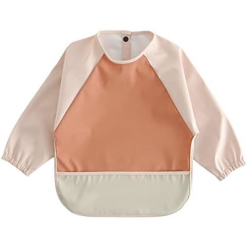 GZMM Waterproof Baby Bibs,Infant Toddler Long Sleeve Feeding Bib With Food Catcher,Wipe Clean & Washable