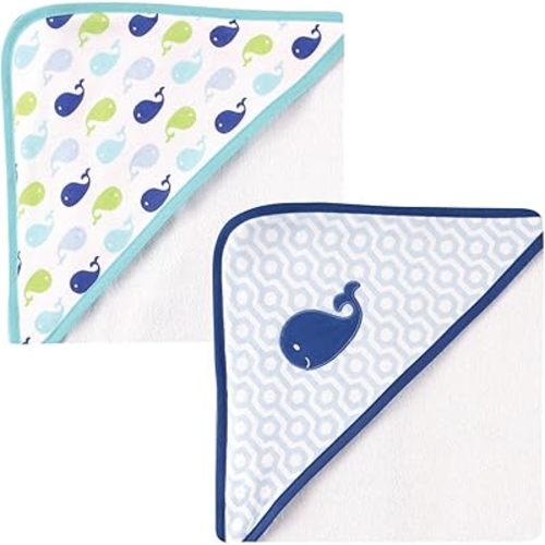Luvable Friends Unisex Baby Cotton Terry Hooded Towels, Blue Whale, One Size