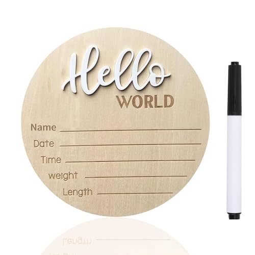 Baby Announcement Sign, ​5.9 Inch Wooden Hello World Newborn Signs, Birth Announcement Sign, Baby Shower Hospital Nursery for Newborn Boys and Girls (White,Pen)