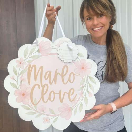 Baby Girl Hospital Door Hanger - Baby Name Sign - Birth Announcement Sign - Birth Stat Sign -  Pink Floral Scallop Baby Sign