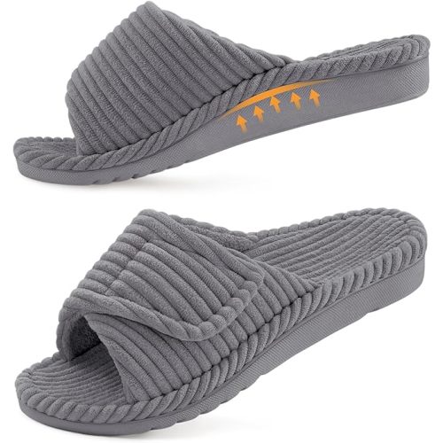 Orthopedic Slippers for Women Arch Support House Shoes | Adjustable Memory Foam Slippers for Plantar Fasciitis, Open Toe Corduroy Bedroom Indoor Shoes
