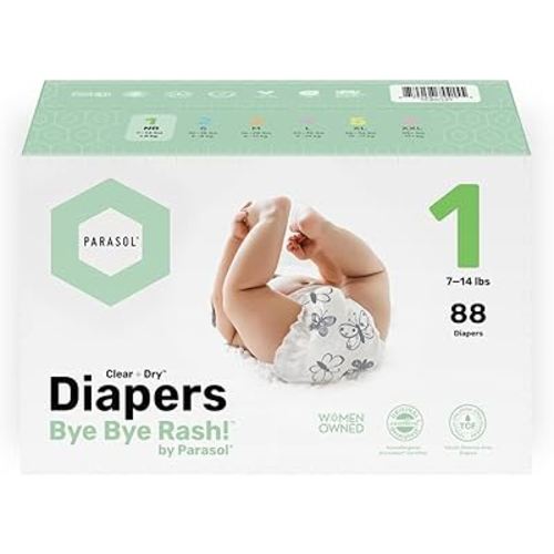 PARASOL Clear+Dry Disposable Diapers, RashShield Protection, Leakproof Design, Hypoallergenic, Size 1 (7-14 lbs), 88 Count