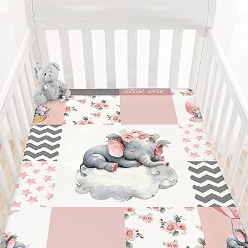 HawSkgFub Pink Sleeping Elephant Flower Fitted Standard Crib Sheet for Baby Girl, Dream Big Little One Patchwork Toddler Mattress Cover, Soft Stretchy Nursery Bed Sheets Decor Kids Gift 52" x 28"