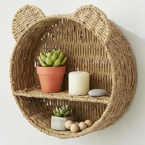 Bear Rattan Wall Shelf, Wall-Mounted Floating Display Shelf, Rustic Double-Layer Paper Rope Storage Basket, Hanging Organizer for Bedroom, Playroom, Bathroom Decor