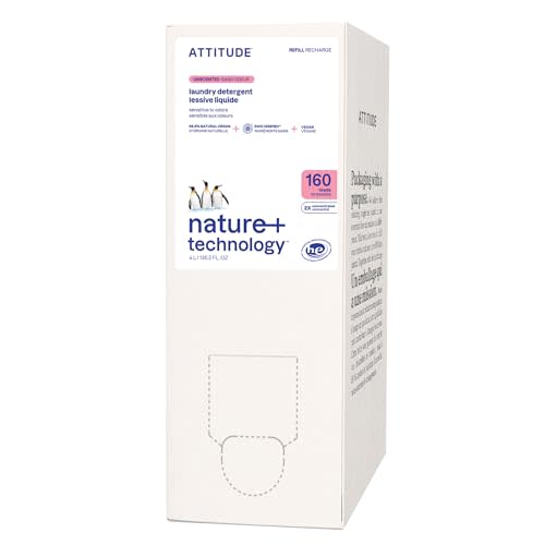 ATTITUDE Liquid Laundry Detergent Refill, EWG Verified, HE Compatible, Plant-Based & Vegan, Natural Laundry Soap, Unscented, 160 Loads, 135.26 Fl Oz