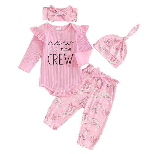 vigerkar New To The Crew Baby Girl Outfit Newborn Coming Home Outfits Ribbed Romper Bodysuit Floral Pants Set (Pink, Newborn)