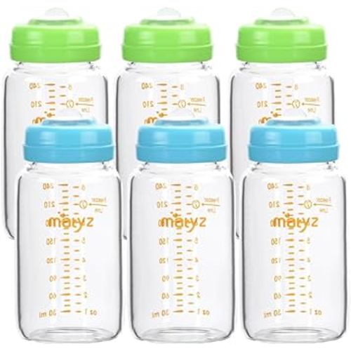 Matyz Glass Breastmilk Storage Bottles, 6 Pack, 8 oz, Compatible with Spectra Medela Pump - Store, Freeze, Warm Up Milk Well - Large Breastmilk Storage Containers - No BPA (3 Green & 3 Blue Lids)