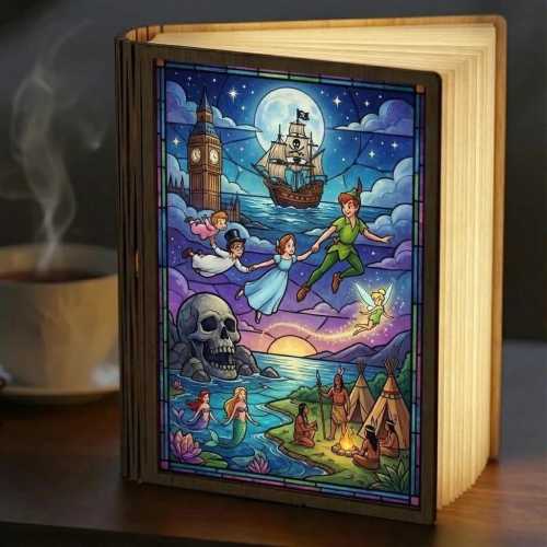 Peter Pan Book Lamp, Neverland Adventure Stained Glass Lamp, Peter Wendy Flying Scene, LED Foldable Book Light, Disney Night Light