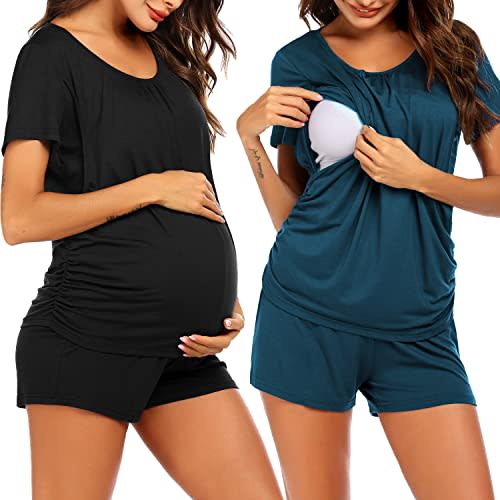 Ekouaer Women's Maternity Nursing Pajama Set Breastfeeding Sleepwear Set Double Layer Short Sleeve Top & Pants Pregnancy PJS