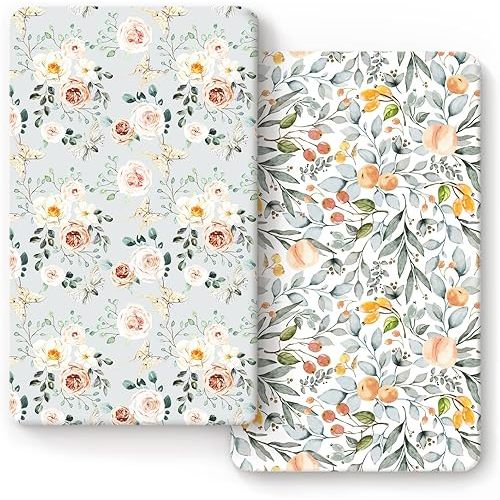 GRSSDER Stretchy Crib Sheets for Baby Girls, Ultra Soft Jersey Knit Fitted Crib Sheets 2 Pack, Universal Fits Most Toddler Crib Mattress Pads Safe and Snug, Stylish Flora Print
