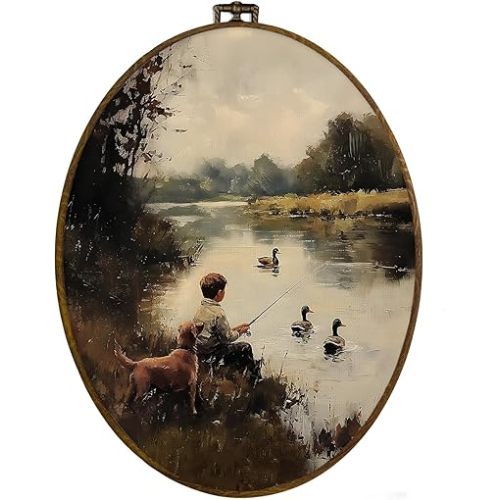 dvhdajed Mallard Duck Boy Fishing Oval Wall Art Decor,Rustic Farmhouse Duck Hunting Framed Canvas Art,Country Dog and Boy Nature Aesthetic Wall Hanging Decor for Boys Room Bedroom Bathroom,8.7x11.3