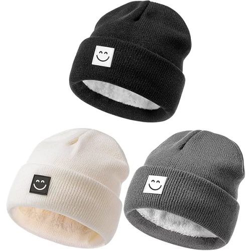 Baby Beanie Hat 3 Packs with Cute Smiley Face, Toddler Girls Boys Baby Hats Winter, Kids Winter Hat Cold Weather