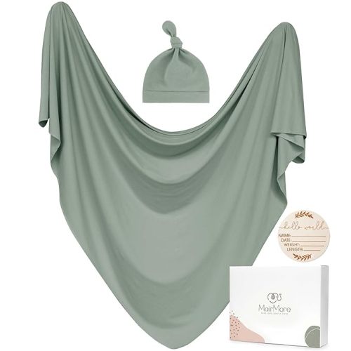 Baby Swaddle Receiving Blankets with Matching Beanie Set Newborn Nursery Swaddle Wrap for Baby Girls and Boys (Green)