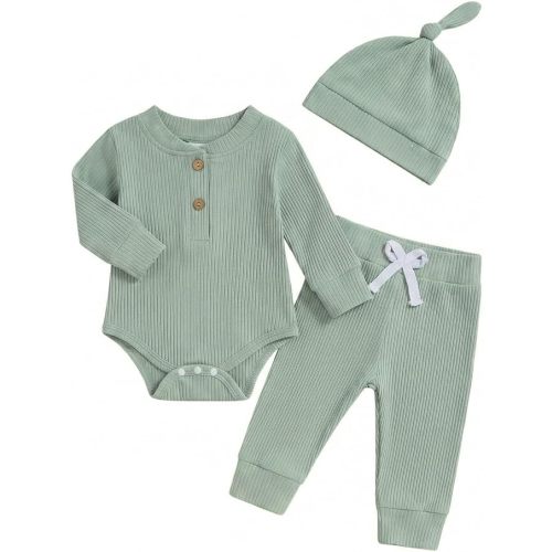 Newborn Baby Boy Clothes Long Sleeve Ribbed Bodysuit Pants Hat 3-Piece Outfit Set
