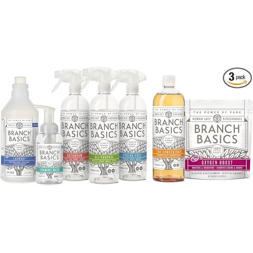 Branch Basics Premium Starter Kit: All Purpose Cleaner, Glass, and Bathroom Cleaner plus our Foaming Wash, and Laundry Bottle (3 Plastic Spray Bottles + Concentrate) Fragrance-Free