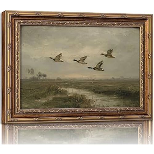 Vintage Gold Framed Flying Duck Wall Art Mallard Duck Canvas Wall Decor Rustic Mallard Poster Artwork Retro Rustic Farmhouse Animal Picture for Home Living Bedroom Farmhouse Hallway 12x16in