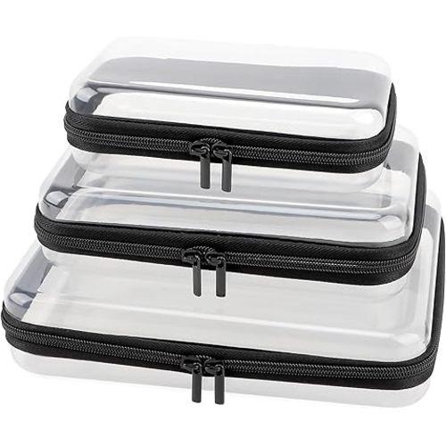 3 Pack Clear Hard Shell Zipper Case, Clear Zipper Pouches Waterproof Makeup Organizer & Travel Toiletry Bag, Diaper Bag Organizing Pouches, Plastic Pouch for Office Home Storage, LMS,Blcak