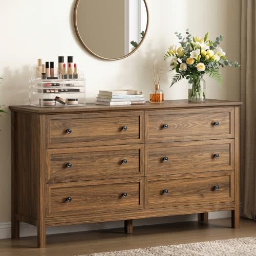 Walnut 6 Drawer Dresser for Bedroom, 55" Wood Chests of Drawers for Hallway | Wood Dressers & Chest of Drawers Storage Cabinet TV Stand for Living Room, Entryway, Hallway