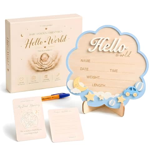 Hello World Newborn Sign – Elegant 3D Wooden Baby Announcement Sign with Soft Blue Sky, Moon & Cloud Details for Baby Shower Memories, Hospital Bassinet Photos, Nursery Styling