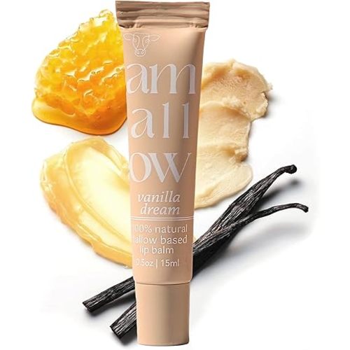 Amallow All Natural Tallow Lip Balm Squeezable Tube - Grass Fed/Finished Beef Tallow + Organic Beeswax & Vanilla Essential Oil .5 OZ (Vanilla Dream)