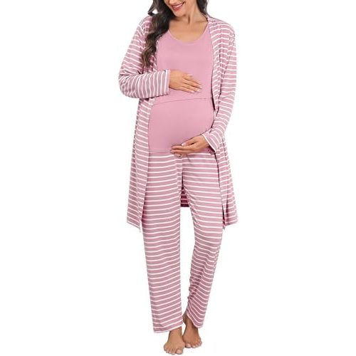 SWOMOG Maternity Nursing Robe Set 3 PCS Postpartum Breastfeeding Pajamas Lounge Hospital Pregnancy Pjs with Robe